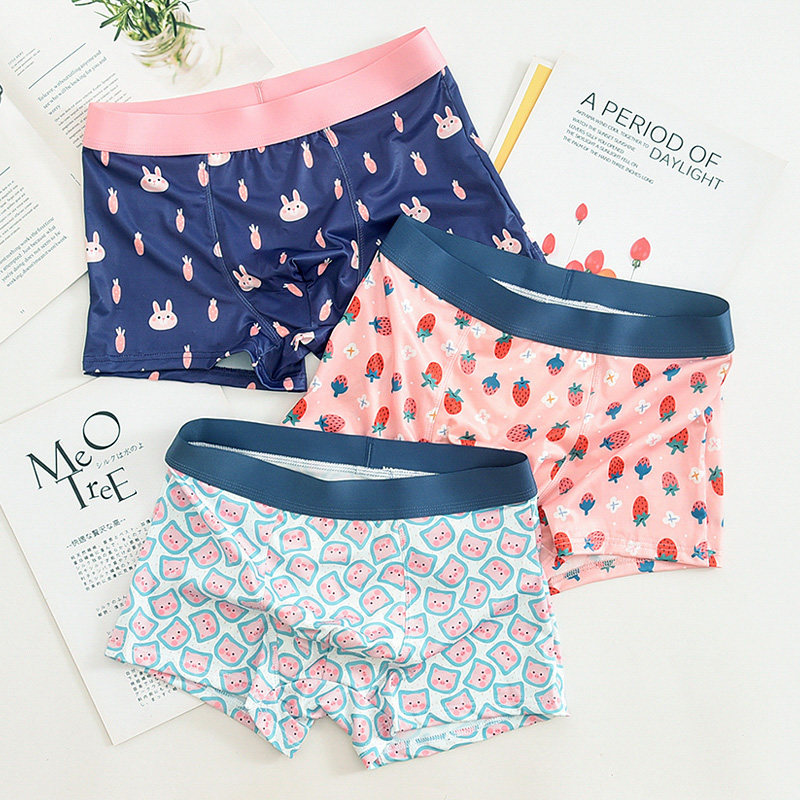 3条可爱卡通弹力牛奶丝内裤男个性印花小猪平角裤时尚粉色四角裤
