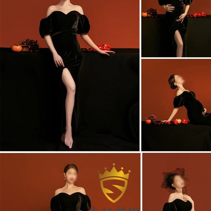 影楼孕妇照服装黑色超显瘦露肩艺术照影楼拍照摄影连衣裙丝绒礼服,孕妇装/孕产妇用品/营养,影楼服装,淘宝优惠券,粉丝福利购,淘宝优惠卷