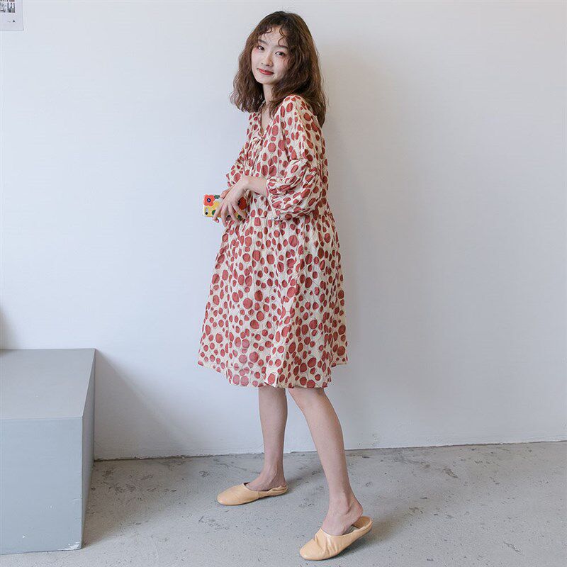 孕妇夏装连衣裙时尚款衣服韩国红色波点娃娃裙孕妇装棉麻夏天裙子