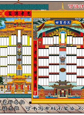 家谱族谱挂画丝绢布家堂t轴子错开排列牌位家谱图定制族谱年画家