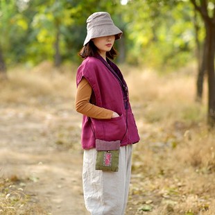 冬新款中式盘扣棉背心中国风女装薄棉衣纯亚麻宽松大码棉坎肩马甲