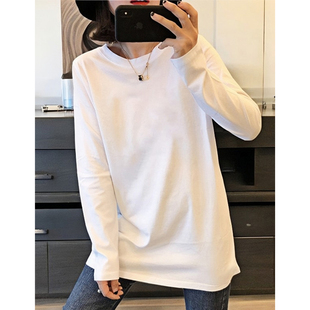 中长款白色打底衫女秋冬内搭可外穿宽松大码圆领长袖t恤加绒上衣