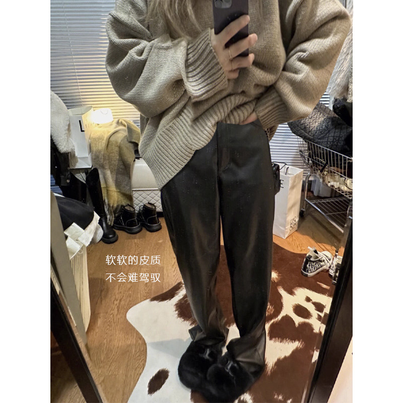 孕妇阔腿裤春秋季新款英伦甜酷感黑色皮长裤显瘦高腰托腹裤休闲裤