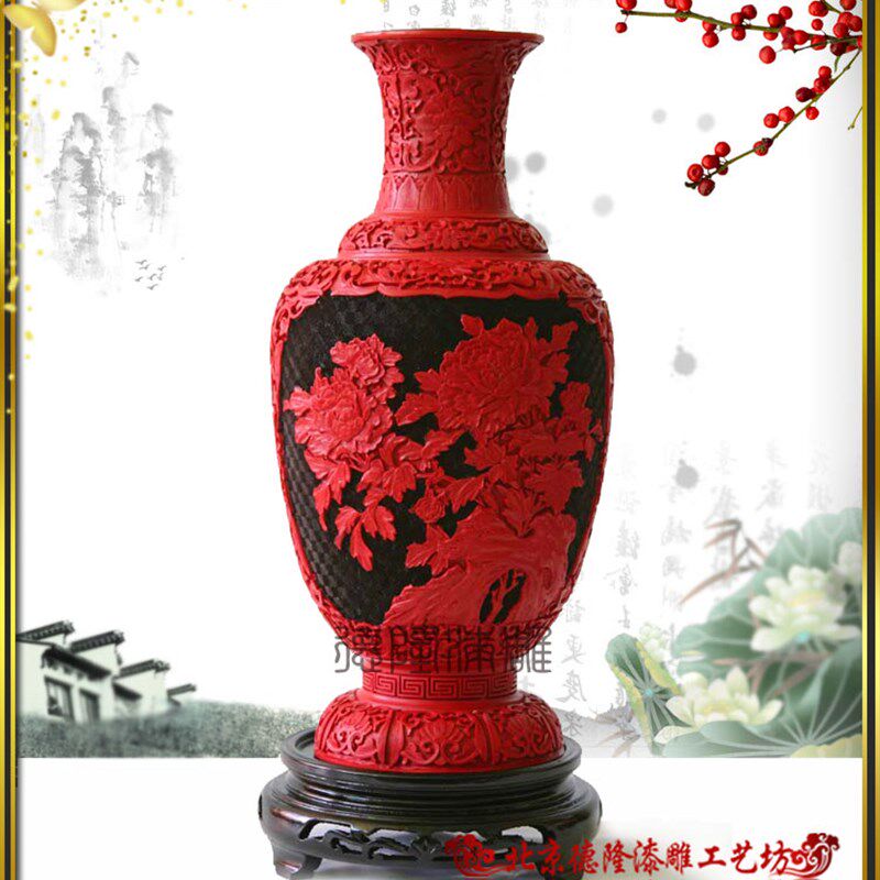 漆器直销纳财摆件质量保障祝寿生日礼品开业礼物漆雕15寸牡丹花瓶