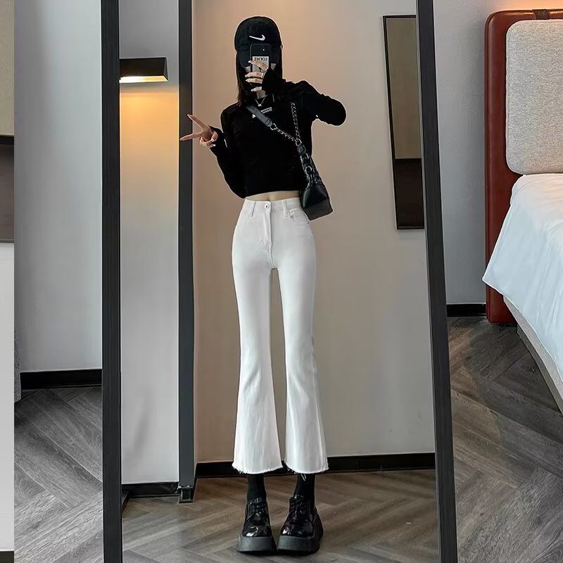 高腰微喇牛仔裤女2024春秋辣妹弹力显瘦小个子韩式白色喇叭九分裤