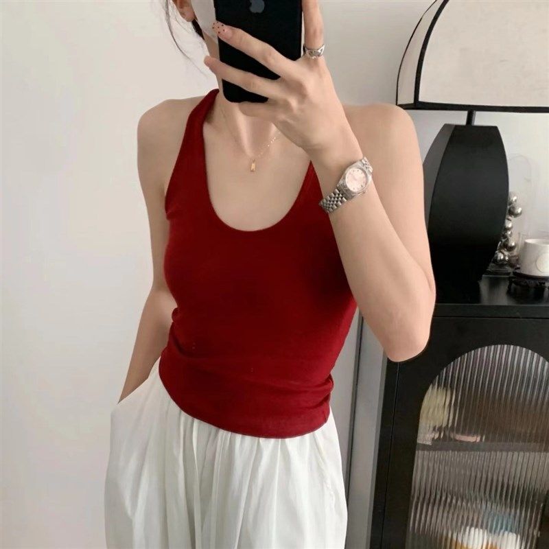 黑色挂脖工字吊带背心女夏外穿2024新款修身内搭短款无袖打底上衣