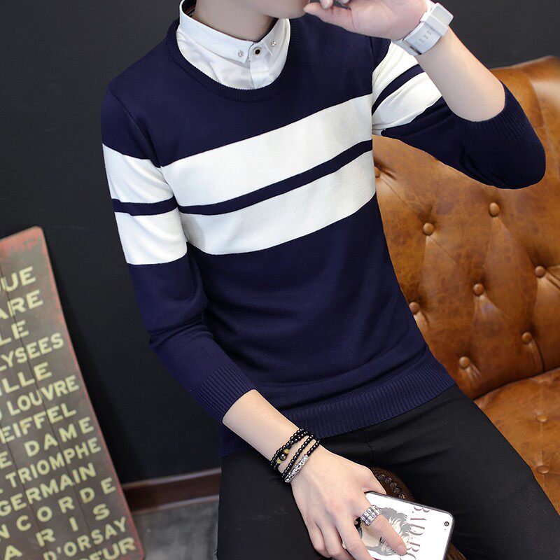 秋冬带领毛衣男士韩版潮流个性加绒假两件套男衬衫领针织衫打底衫