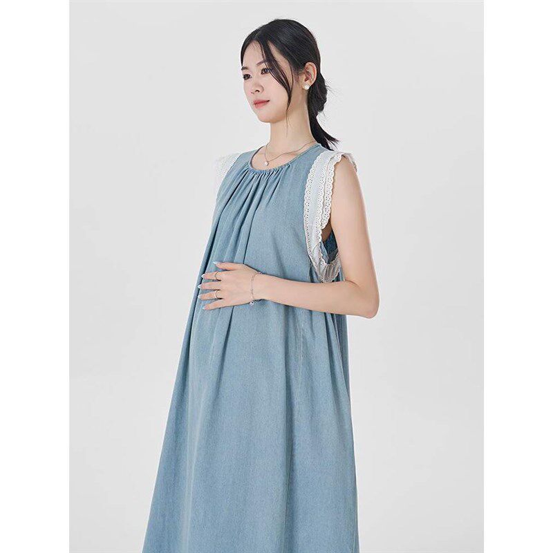 孕妇装夏季宽松法式高级感小个子连衣裙2024新款夏款蕾丝纯棉裙子