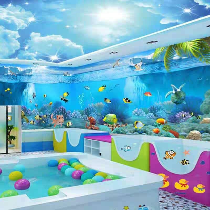 3d海底世界墙纸婴儿游泳馆壁纸酒店主题房儿童房水族海洋馆8d壁画