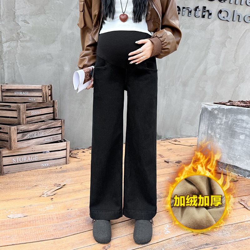 孕妇裤秋冬装外穿宽松显瘦直筒高腰不勒肚子牛仔裤加绒加厚打底裤