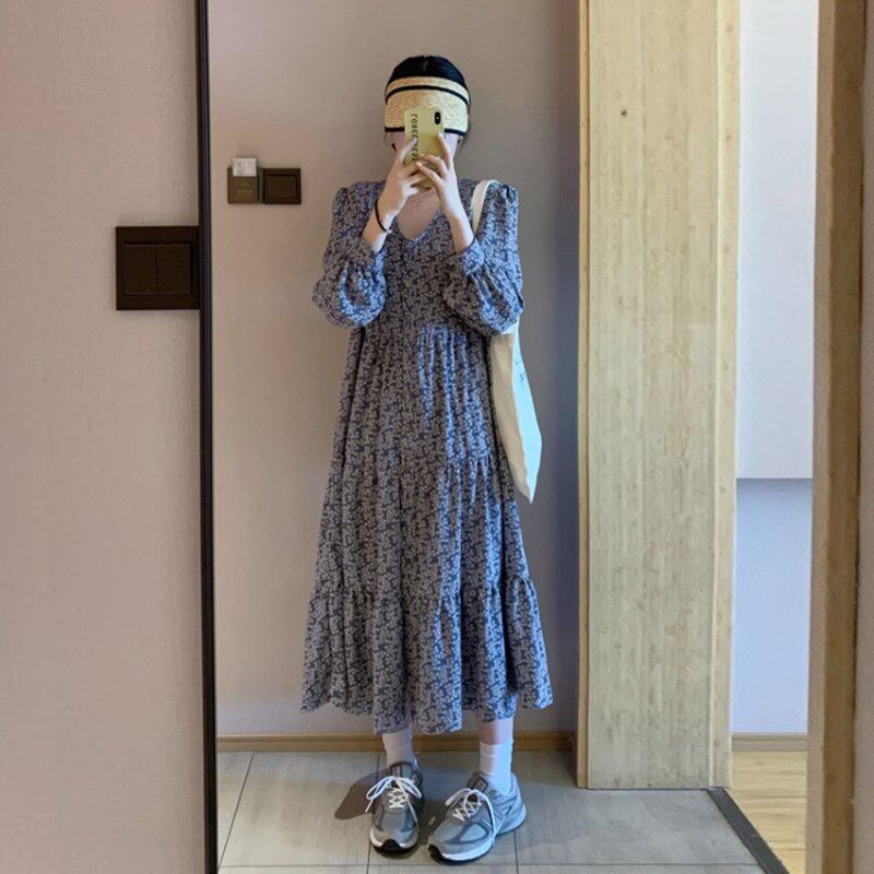 200斤大码孕妇秋装连衣裙韩版宽松长袖碎花裙过膝长款洋气打底裙