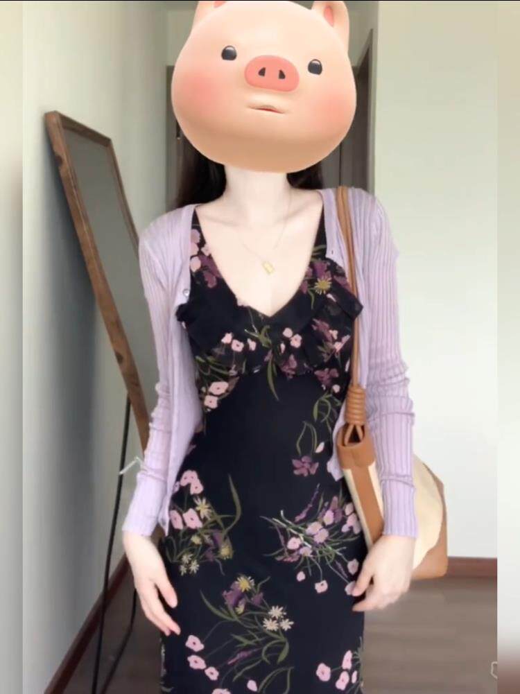 大码法式复古荷叶边v领碎花连衣裙女夏季修身显瘦气质精致长裙子