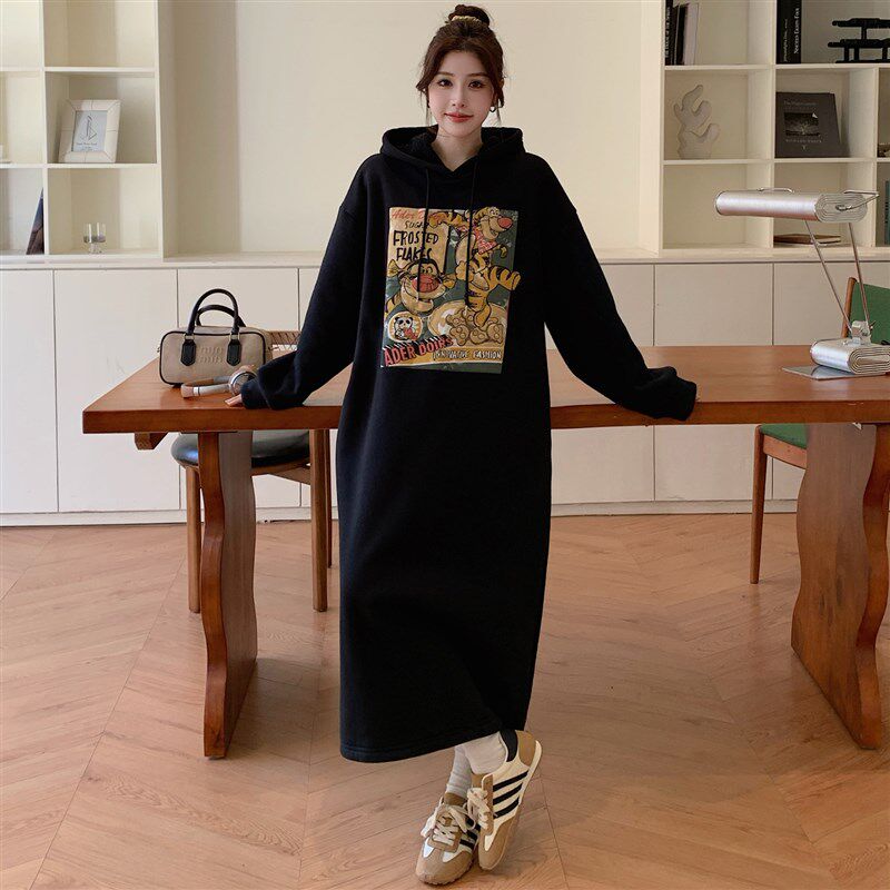 加绒加厚卡通印花大码卫衣裙女冬季胖mm宽松显瘦婴儿绒连帽连衣裙