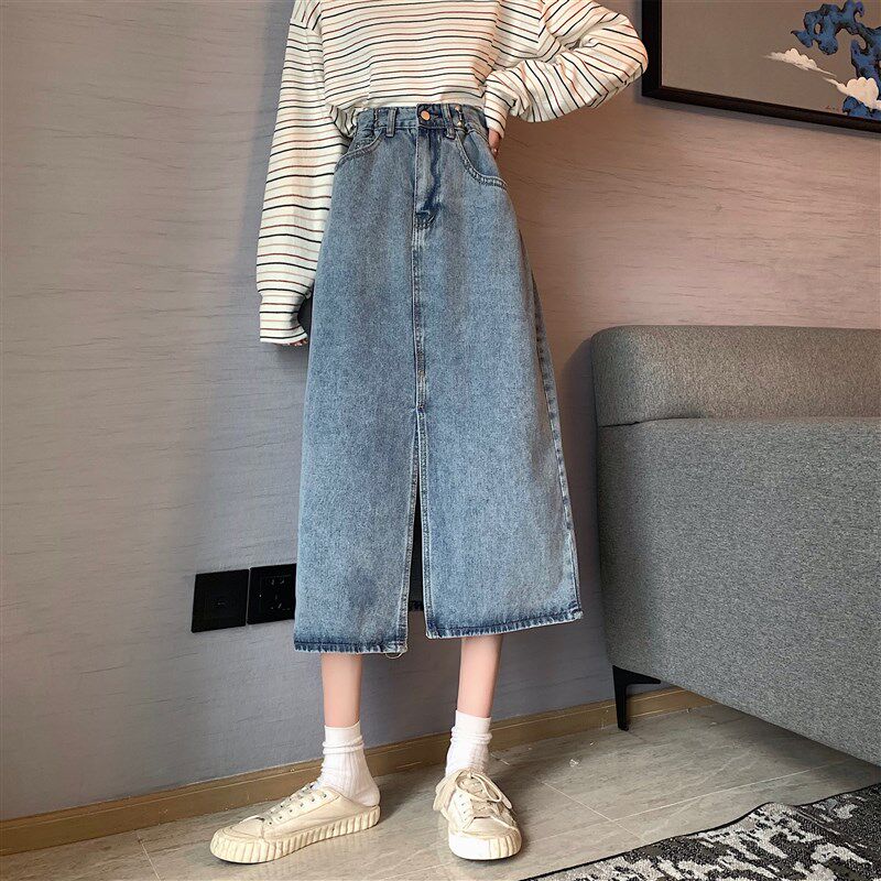 大码胖mm牛仔半身裙女a字裙春夏韩版显瘦高腰中长款开叉包臀裙子