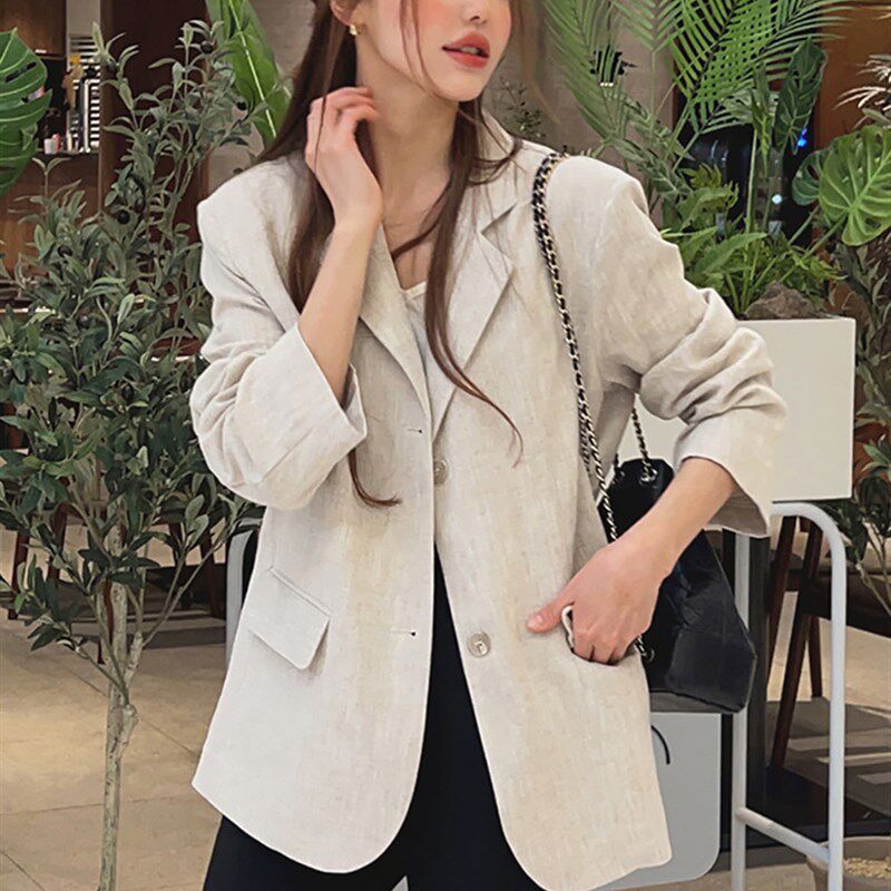 韩版亚麻西装女春季老钱风高级感外套宽松休闲通勤小众棉麻西服