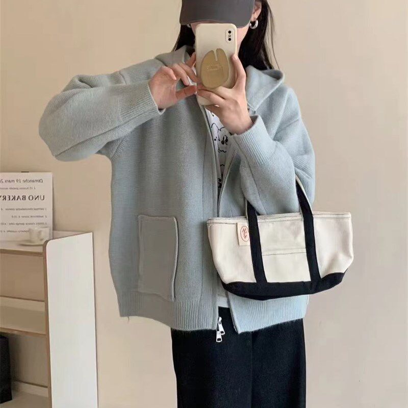 慵懒风拉链连帽毛衣外套韩系女装开衫秋冬新款宽松针织衫软糯上衣