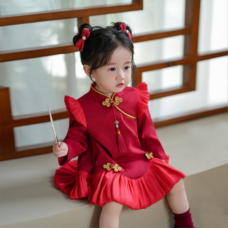 女宝周岁礼服秋冬拜年服抓周加绒中式婴儿童红色衣服长袖女童裙子