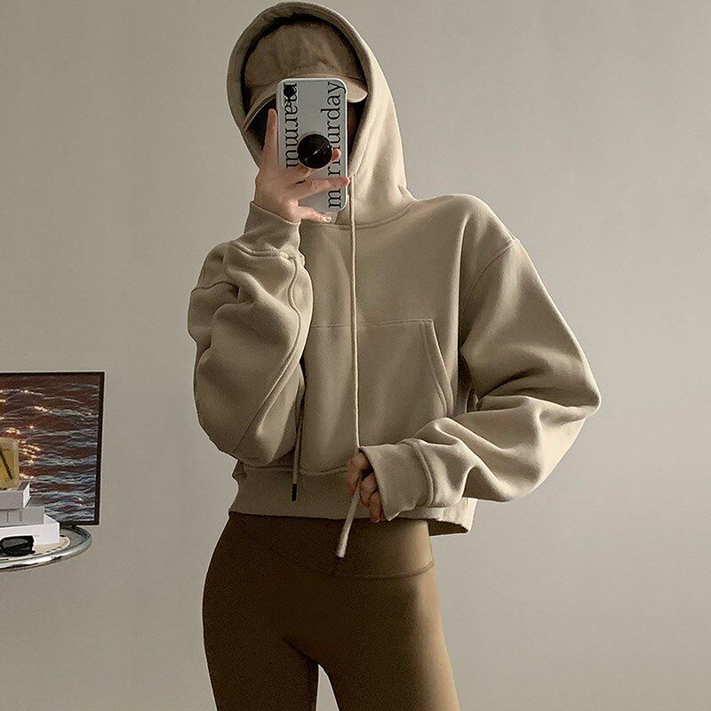 杏色短款连帽加绒卫衣女秋冬小个子2024新款爆款套头宽松长袖上衣