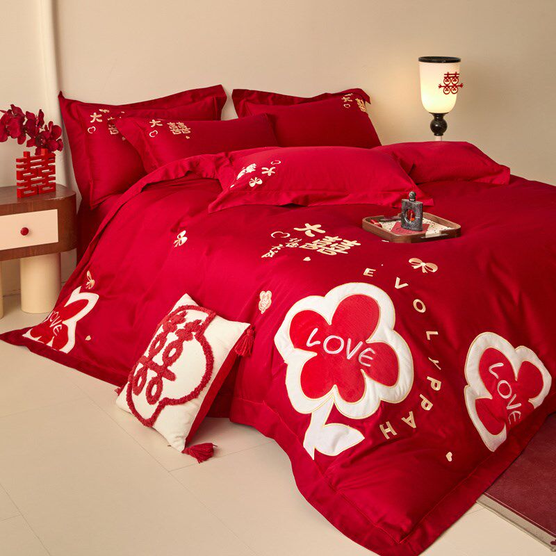 中式结婚四e件套喜庆大红色刺绣被套床单陪嫁婚庆床上用品,床上用品,婚庆床品套件,淘宝优惠券,粉丝福利购,淘宝优惠卷