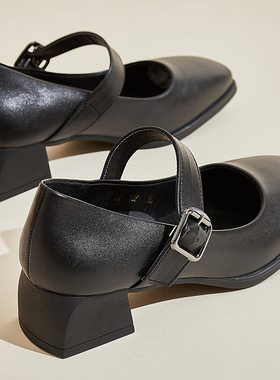 方头软底黑色工作鞋女粗跟浅口4cmE 一字扣高跟鞋中跟单鞋职业女