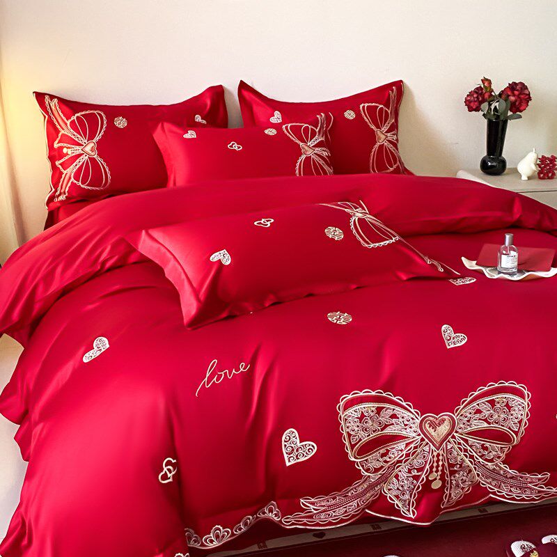 简约刺绣结婚g四件套大红色全棉婚庆陪嫁婚房被套床单床上用品,床上用品,婚庆床品套件,淘宝优惠券,粉丝福利购,淘宝优惠卷