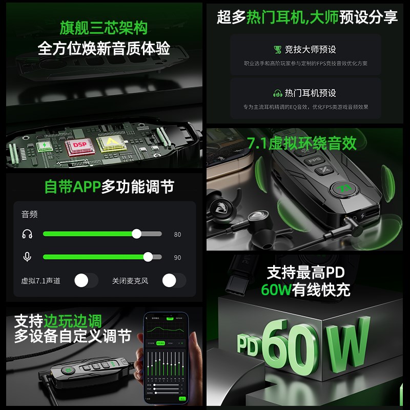 派威GS20游戏耳机外置声卡3.5转typec免驱7.1usb转接口外接声卡