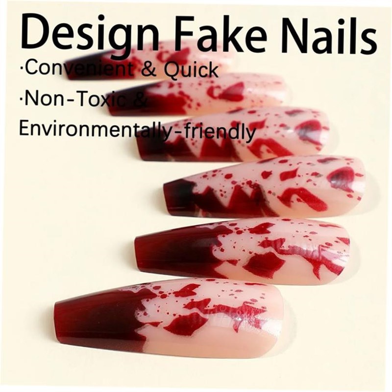 24pcs Long Coffin Shaped False CNails With Bloodstain Design