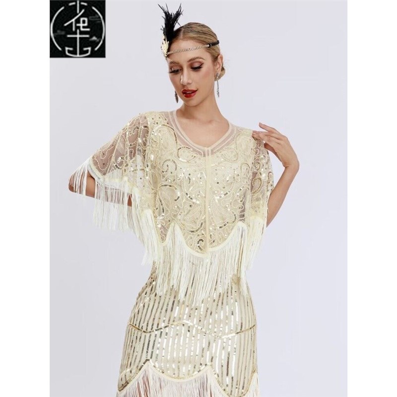 流苏亮片披肩1920s欧t美复古盖茨比舞会派对钉珠晚礼服短款小披肩