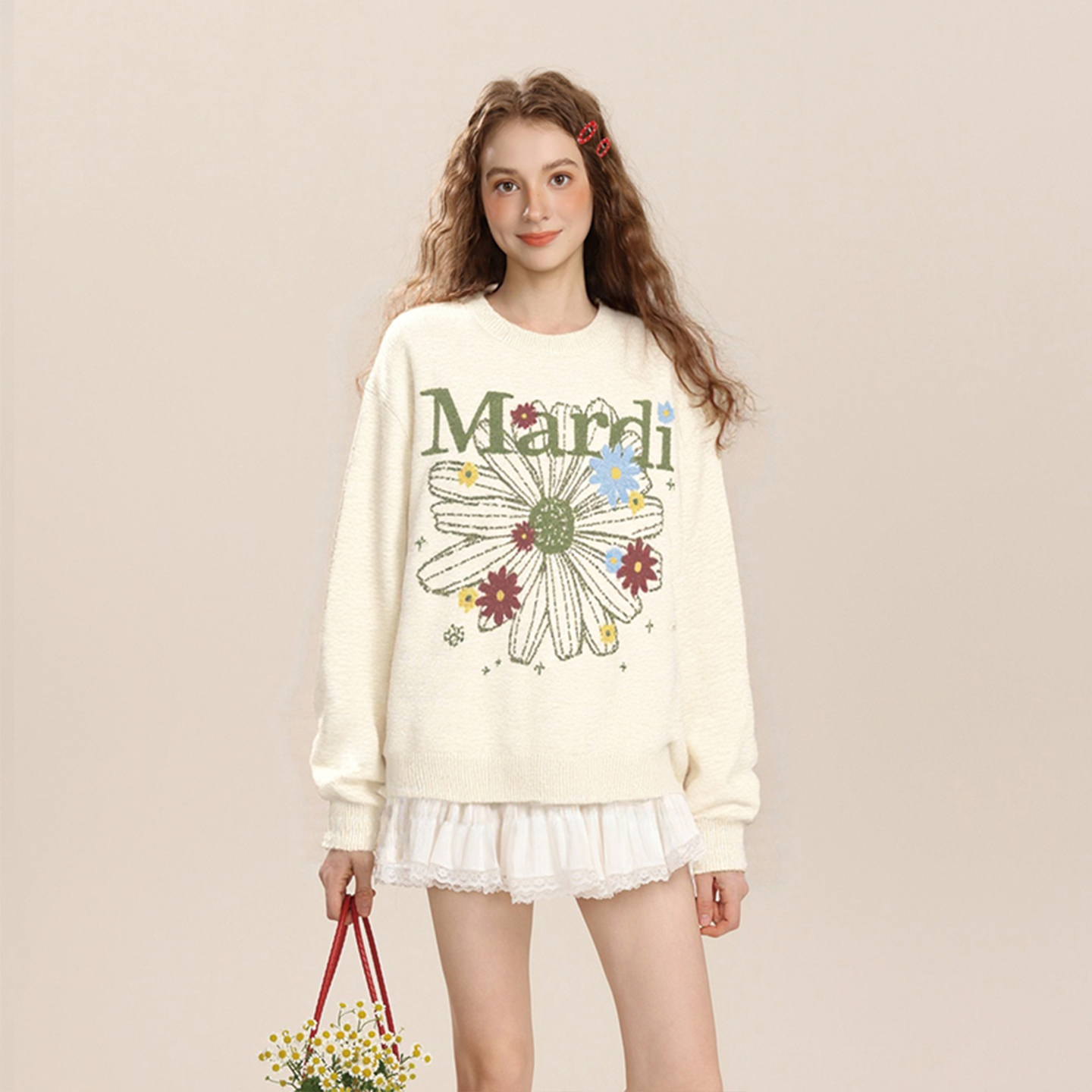 Mardi韩版轻奢设计感2025秋冬新款圆领毛衣提花经典雏菊针织上衣