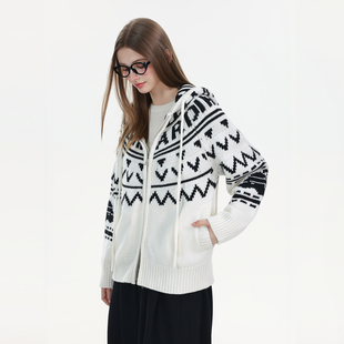 Mardi复古费尔岛提花连帽针织开衫25秋冬新款毛衣慵懒风上衣外套