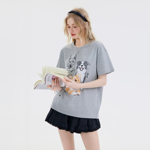 Mardi韩版ins灰色柯基印花T恤女25夏季新款宽松显瘦休闲百搭短袖