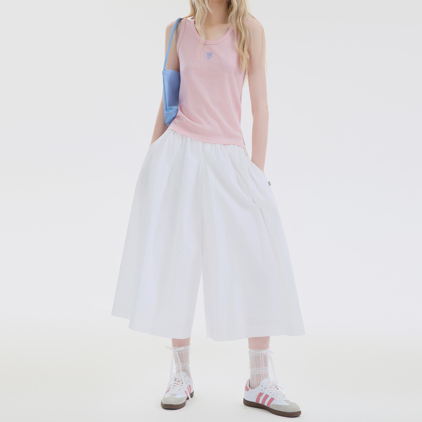 Mardi白色轻奢宽松百褶半身裙裤女25春夏新款高腰显瘦七分休闲裤