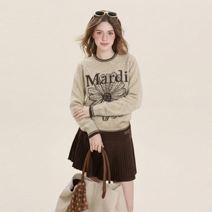 Mardi韩系提花圆领套头针织上衣26春秋新款简约百搭通勤休闲毛衣