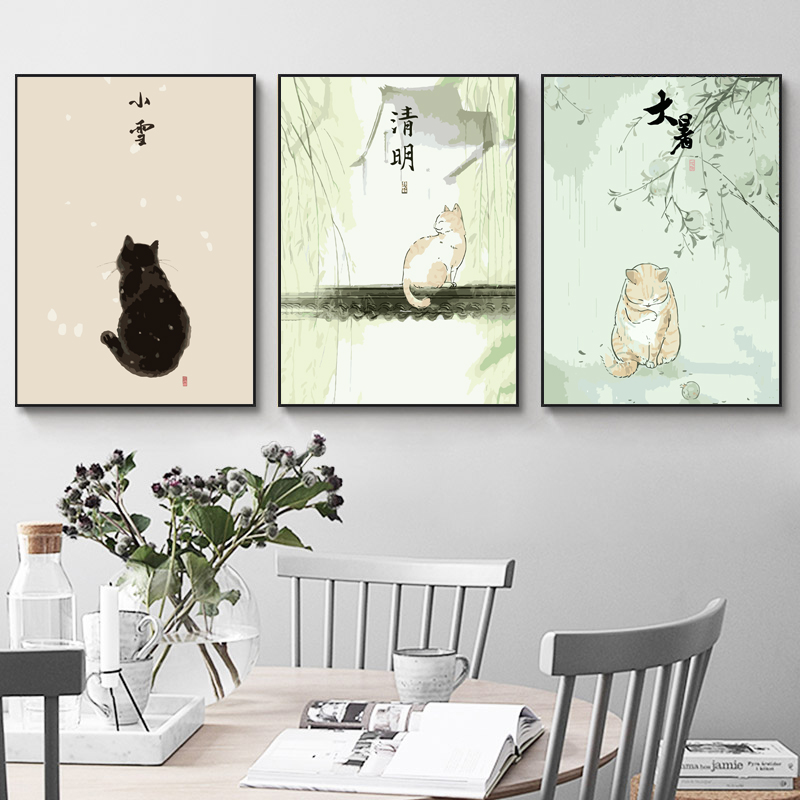 diy数字油画小众填色手绘油彩古风节气猫咪装饰画丙烯填充北欧画图片
