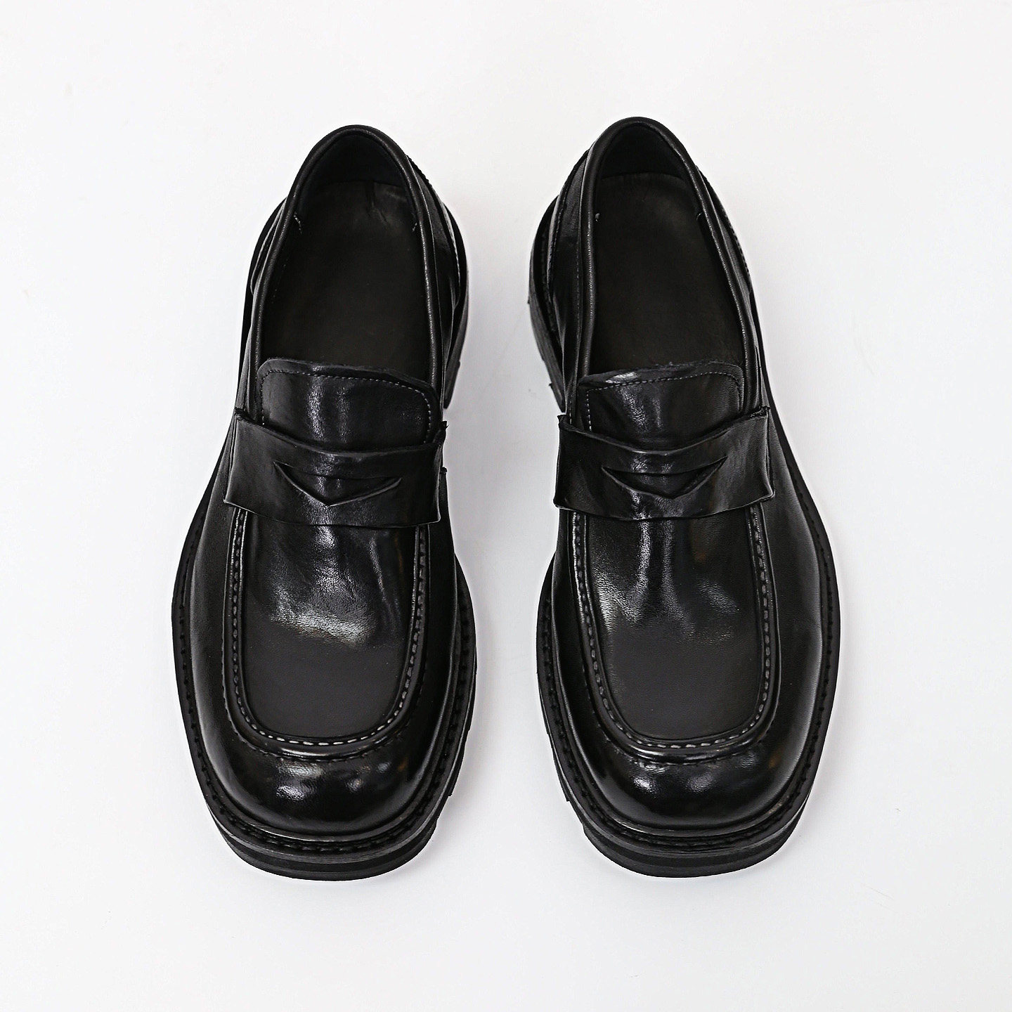 MATELAVES 方头水洗马皮乐福鞋男一脚蹬黑色通勤固特异厚底德比鞋