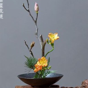 中式插花器皿三足盘小禅意陶瓷日式花道花器剑山插花器底座花盆大