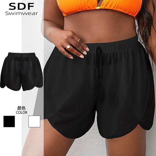 单件黑白大码泳裤女200斤胖mm高腰平I角泳衣罩裤单独雪纺游泳短裤