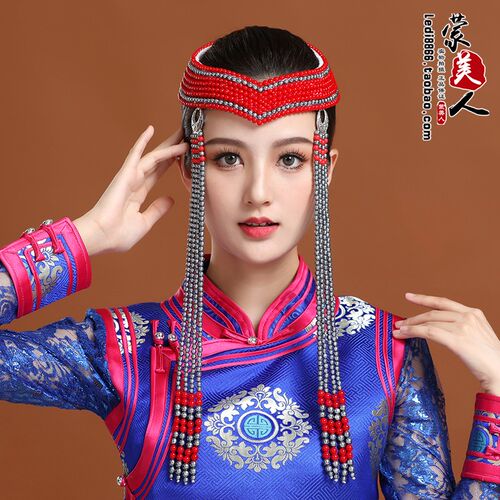 蒙古族头饰女手工串珠民族风发饰舞蹈演出蒙古帽长流苏蒙古袍配饰