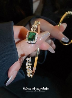 方形锆石祖母绿开口手镯轻奢气质个性手环小众百搭高级感手饰