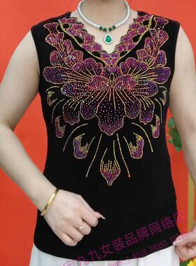 洋气彩钻背心女士夏季大码花边V领无袖上衣弹力百搭吊Z带打底小衫