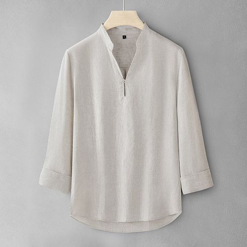 七分袖T恤夏e季薄款潮流休闲v领短袖文艺宽松圆领亚麻打底衬衫男