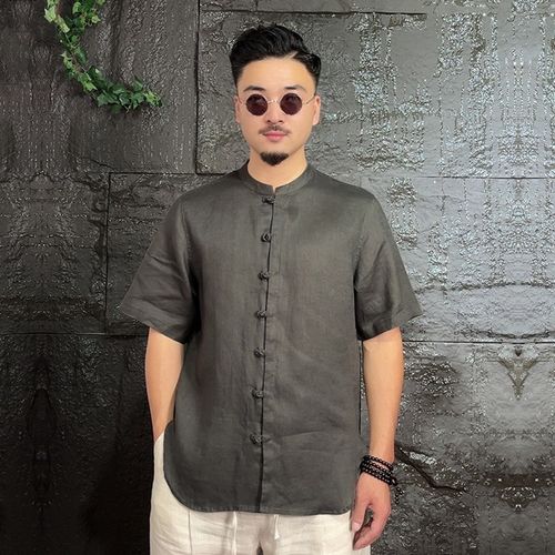 夏季亚麻男式休闲短袖衬衫中式青年潮F流复古盘扣清凉薄款立领衬