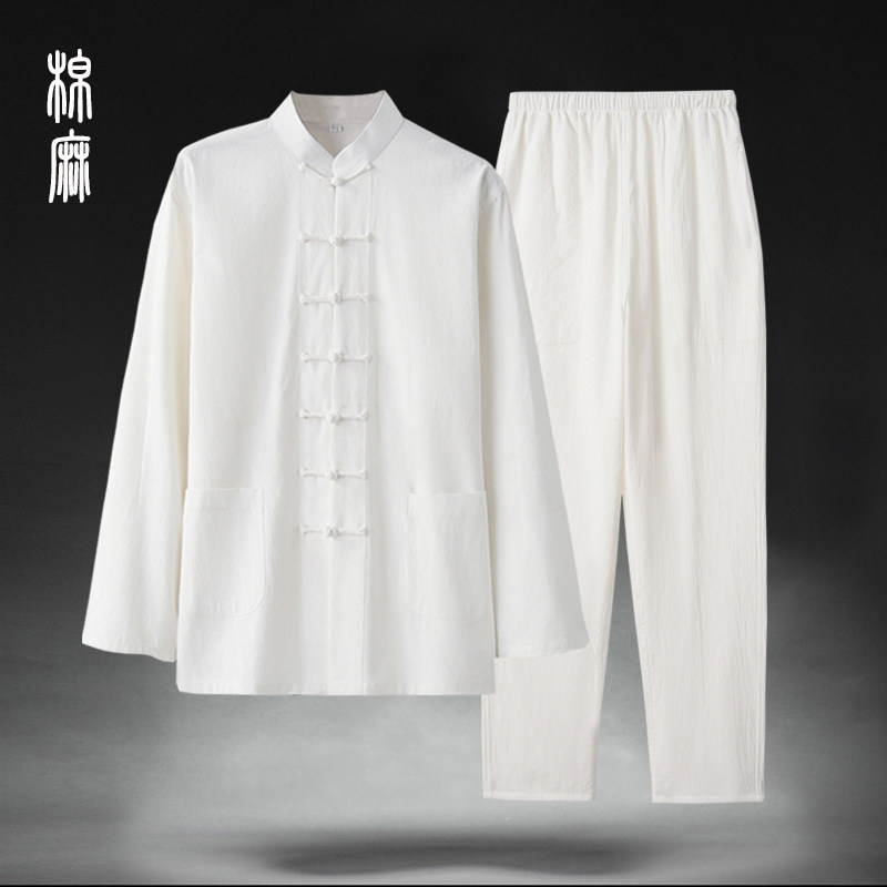 春秋亚棉麻中国风唐装男式套装复古盘扣禅居士P汉服老人爸爸中山