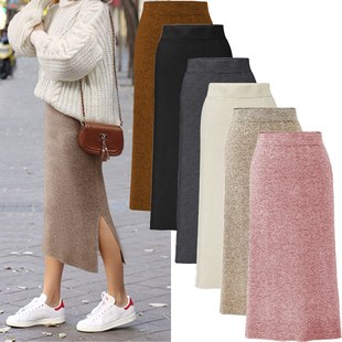 200斤开叉一步裙 高腰大码 羊毛半身裙女秋冬新款 针织包臀x裙中长款
