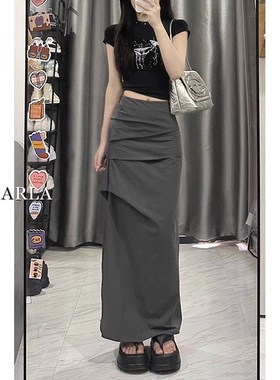 灰色休闲半身裙女高腰夏新款大码胖mmG遮胯显瘦开叉中长款包臀裙