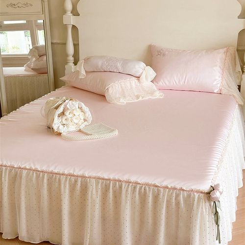 夏季法式少女凉感冰丝凉席床裙款三F件套刺绣花边可水洗空调软席