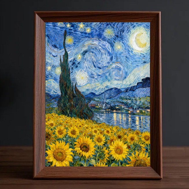 梵高星空向日葵油画实木相框