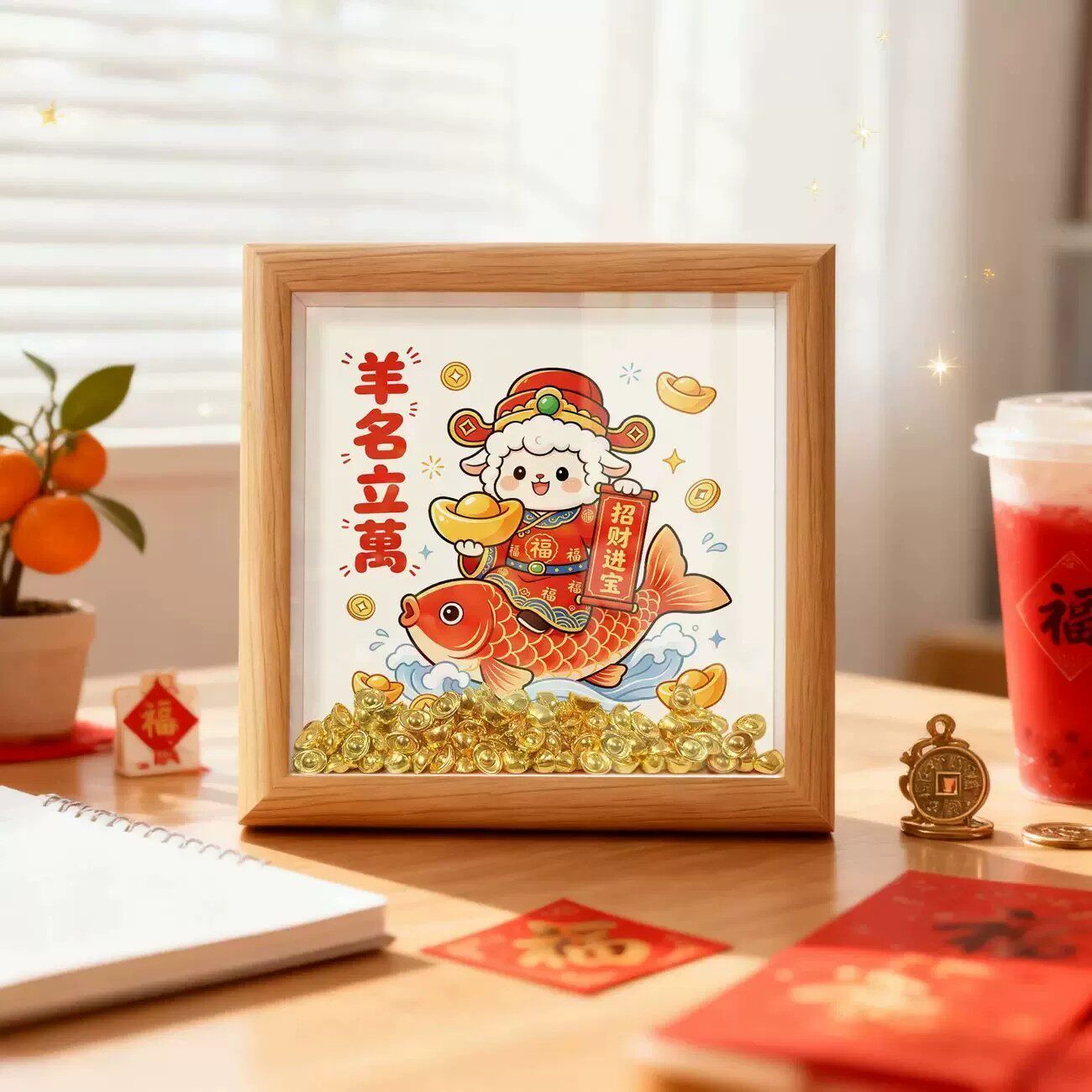 2027财神小羊招财木质相框摆件