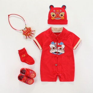 新生婴儿满月服夏装周岁礼服夏季男宝宝中国风红色百天宴连体哈衣