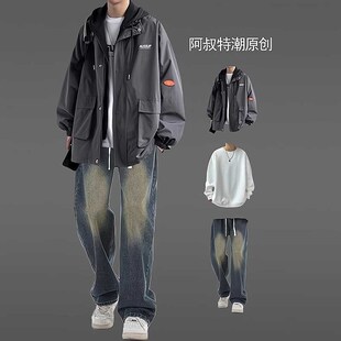青少年假两件外套男生酷帅穿搭套装春秋季新款宽松工装夹克三件套